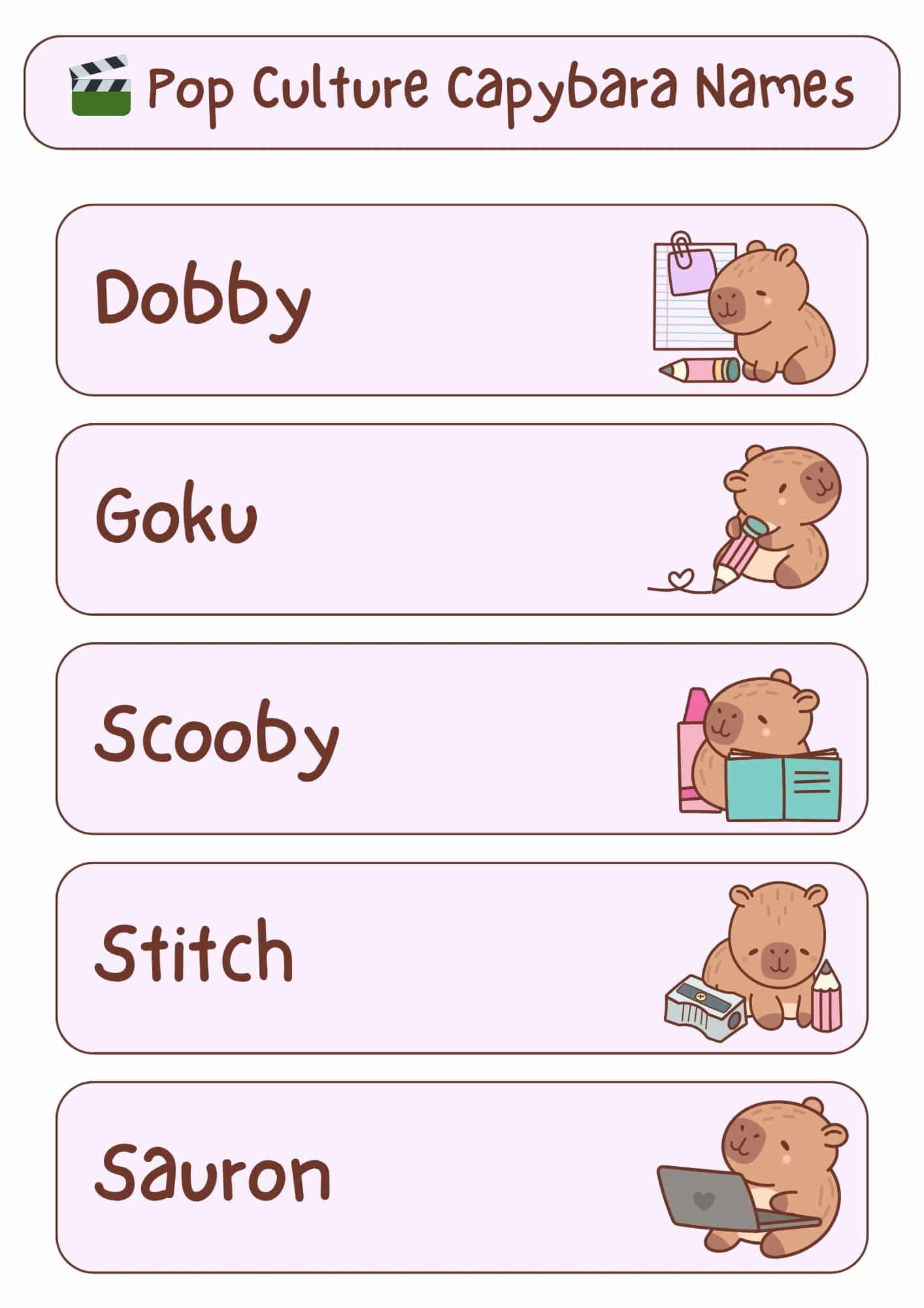 A light pink and white graphic with the title "Pop Culture Capybara Names" at the top, accompanied by a green film reel icon. Below the title are five horizontal, light pink rectangles, each containing a pop culture-inspired capybara name in a handwritten-style font and a small cartoon illustration of a capybara. From top to bottom, the names and illustrations are: "Dobby" with a capybara holding a pencil and notepad; "Goku" with a capybara holding a pencil with a heart; "Scooby" with a capybara holding an open book and bottles; "Stitch" with a capybara next to a pencil sharpener and pencils; and "Sauron" with a capybara using a laptop.