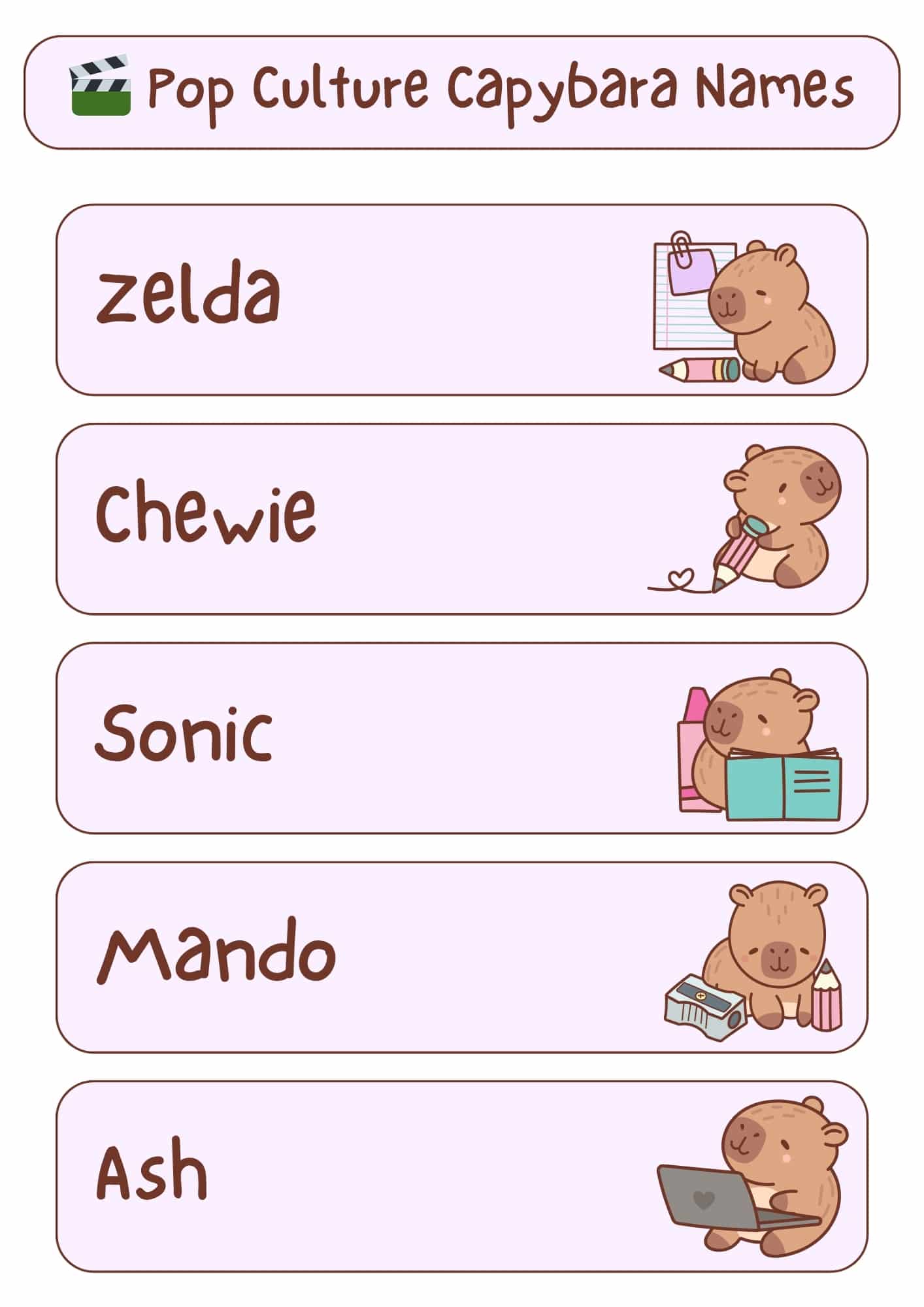 A light pink and white graphic with the title "Pop Culture Capybara Names" at the top, accompanied by a green film reel icon. Below the title are five horizontal, light pink rectangles, each containing a pop culture-inspired capybara name in a handwritten-style font and a small cartoon illustration of a capybara. From top to bottom, the names and illustrations are: "Zelda" with a capybara holding a pencil and notepad; "Chewie" with a capybara holding a pencil with a heart; "Sonic" with a capybara holding an open book and bottles; "Mando" with a capybara next to a pencil sharpener and pencils; and "Ash" with a capybara using a laptop.