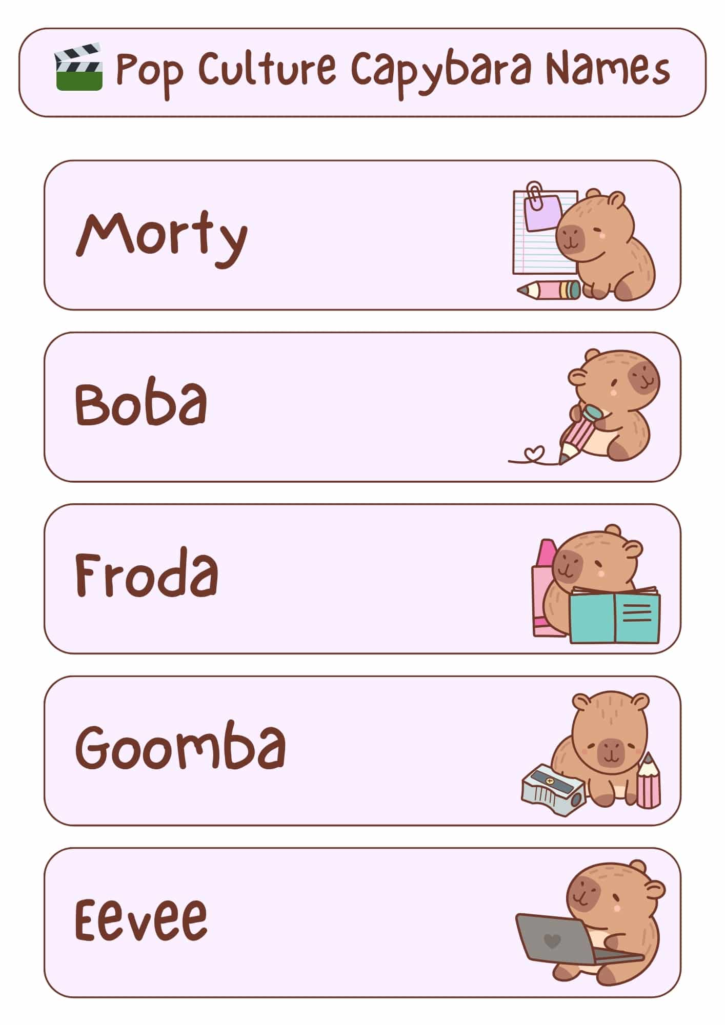 A light pink and white graphic displaying the title "Pop Culture Capybara Names" at the top, along with a green film reel icon. Underneath the title are five horizontal, light pink rectangles, each featuring a pop culture-inspired capybara name in a handwritten-style font and a small cartoon illustration of a capybara. From top to bottom, the names and illustrations are: "Morty" with a capybara holding a pencil and notepad; "Boba" with a capybara holding a pencil with a heart; "Froda" with a capybara holding an open book and bottles; "Goomba" with a capybara next to a pencil sharpener and pencils; and "Eevee" with a capybara using a laptop.