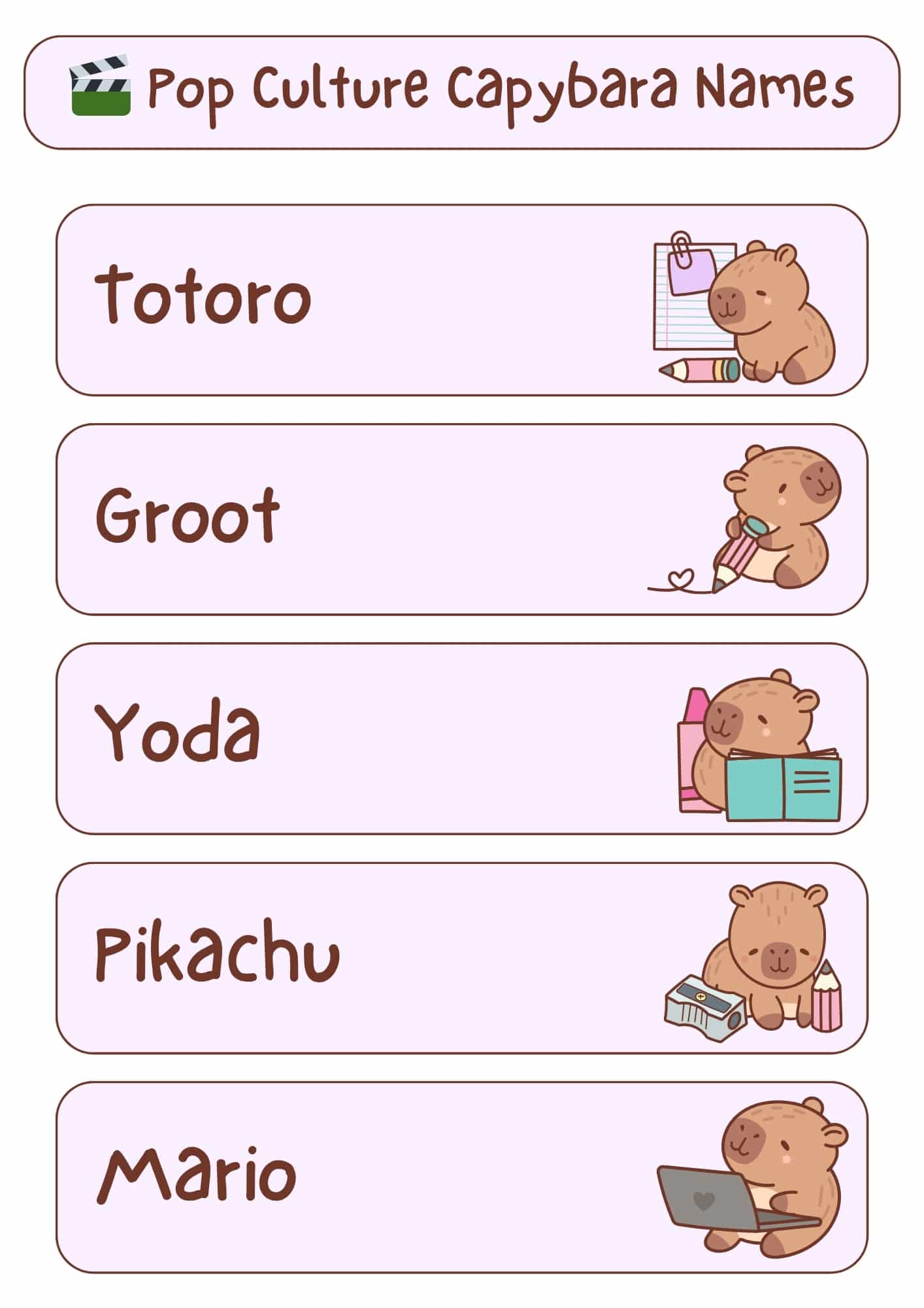 A light pink and white graphic with the title "Pop Culture Capybara Names" at the top, accompanied by a green film reel icon. Below the title are five horizontal, light pink rectangles, each containing a pop culture-inspired capybara name in a handwritten-style font and a small cartoon illustration of a capybara. From top to bottom, the names and illustrations are: "Totoro" with a capybara holding a pencil and notepad; "Groot" with a capybara holding a pencil with a heart; "Yoda" with a capybara holding an open book and bottles; "Pikachu" with a capybara next to a pencil sharpener and pencils; and "Mario" with a capybara using a laptop.