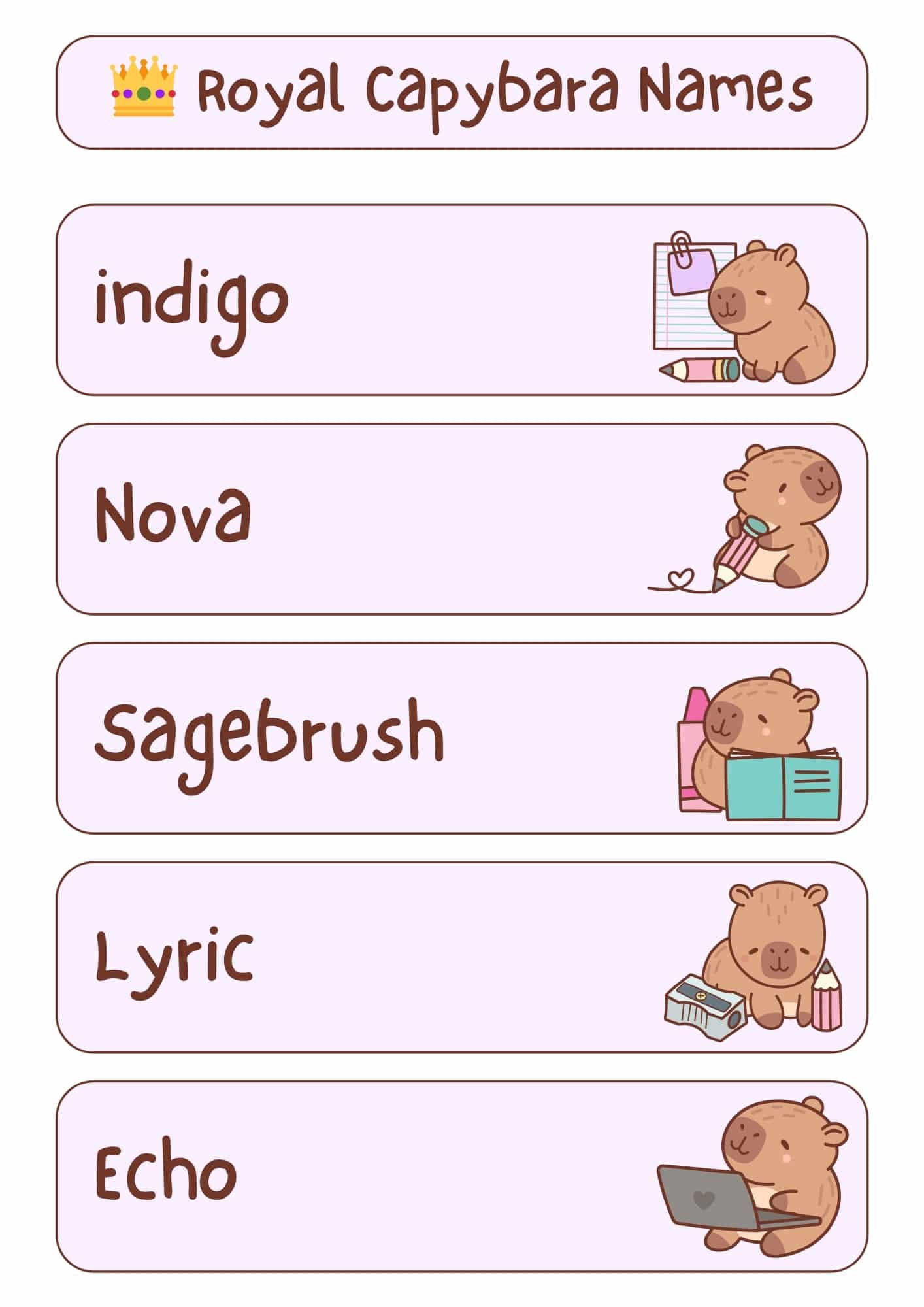 A light pink and white graphic with the title "Royal Capybara Names" at the top, accompanied by a small golden crown icon. Below the title are five horizontal, light pink rectangles, each containing a royal-themed capybara name in a handwritten-style font and a small cartoon illustration of a capybara. From top to bottom, the names and illustrations are: "Indigo" with a capybara holding a pencil and notepad; "Nova" with a capybara holding a pencil with a heart; "Sagebrush" with a capybara holding an open book and bottles; "Lyric" with a capybara next to a pencil sharpener and pencils; and "Echo" with a capybara using a laptop.
