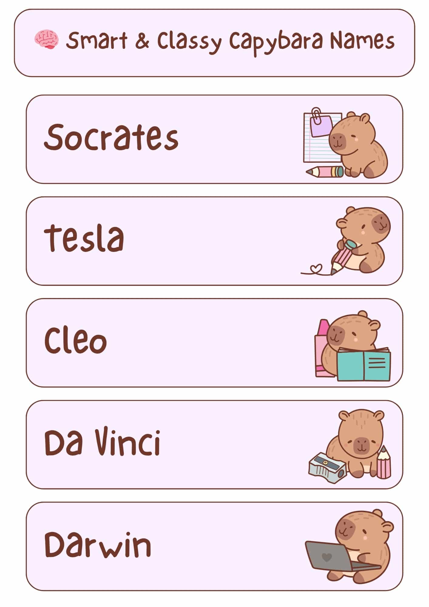 A light pink and white graphic with the title "Smart & Classy Capybara Names" at the top, accompanied by a pink brain icon. Below the title are five horizontal, light pink rectangles, each containing a smart and classy capybara name in a handwritten-style font and a small cartoon illustration of a capybara. From top to bottom, the names and illustrations are: "Socrates" with a capybara holding a pencil and notepad; "Tesla" with a capybara holding a pencil with a heart; "Cleo" with a capybara holding an open book and bottles; "Da Vinci" with a capybara next to a pencil sharpener and pencils; and "Darwin" with a capybara using a laptop.