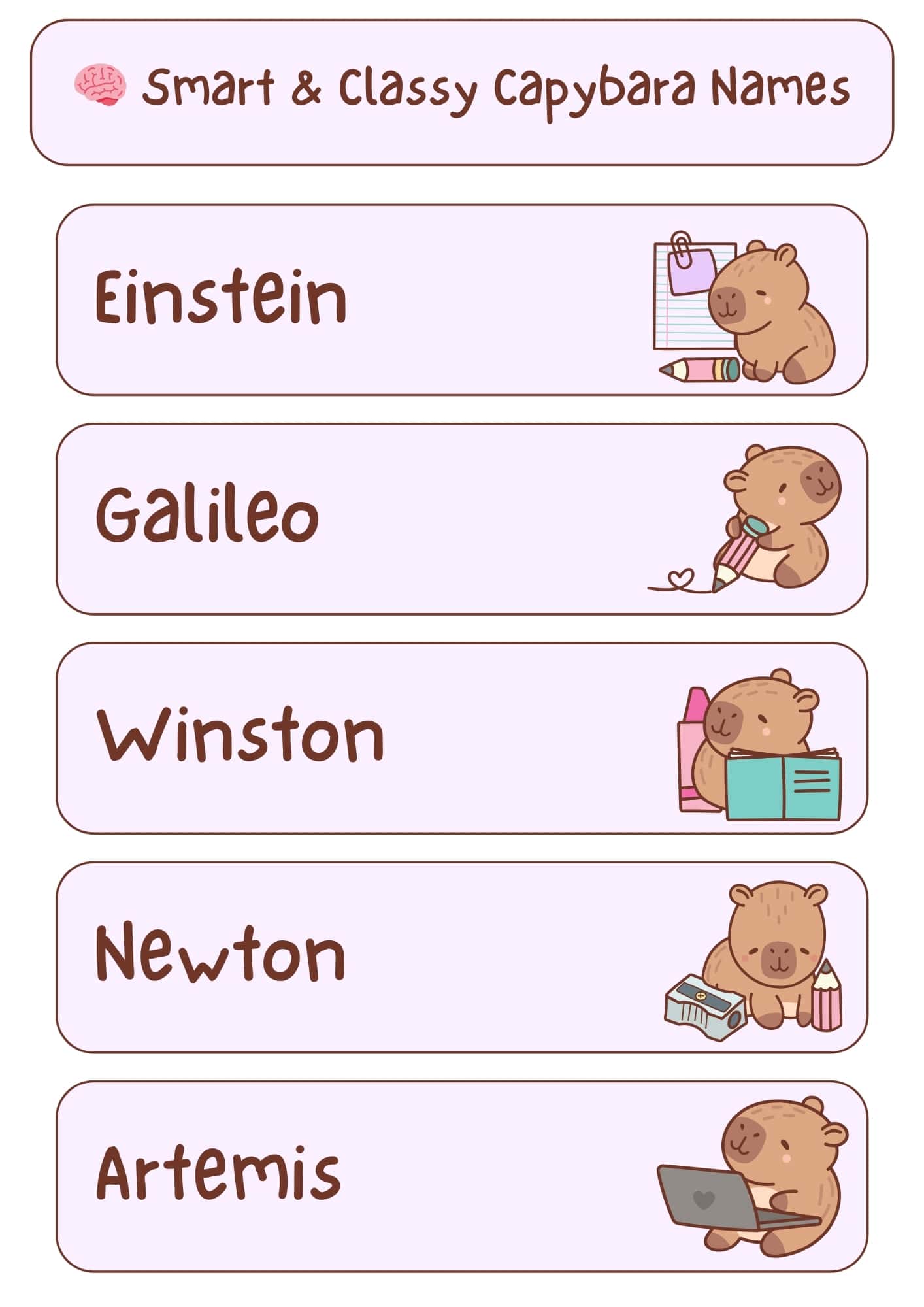 A light pink and white graphic with the title "Smart & Classy Capybara Names" at the top, accompanied by a pink brain icon. Below the title are five horizontal, light pink rectangles, each containing a smart and classy capybara name in a handwritten-style font and a small cartoon illustration of a capybara. From top to bottom, the names and illustrations are: "Einstein" with a capybara holding a pencil and notepad; "Galileo" with a capybara holding a pencil with a heart; "Winston" with a capybara holding an open book and bottles; "Newton" with a capybara next to a pencil sharpener and pencils; and "Artemis" with a capybara using a laptop.