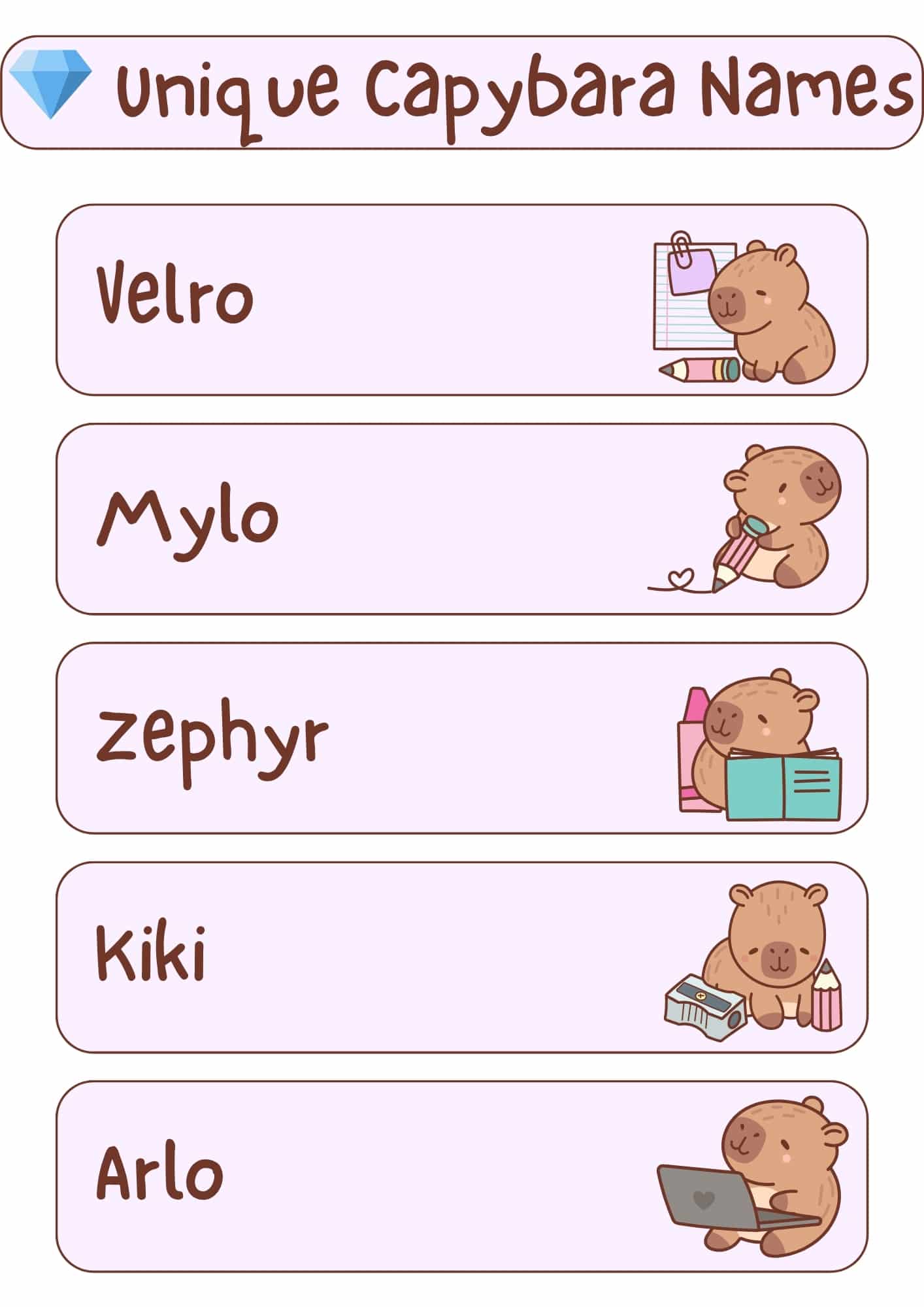 A light pink and white graphic with the title "Unique Capybara Names" at the top, accompanied by a blue diamond icon. Below the title are five horizontal, light pink rectangles, each containing a unique capybara name in a handwritten-style font and a small cartoon illustration of a capybara. From top to bottom, the names and illustrations are: "Velro" with a capybara holding a pencil and notepad; "Mylo" with a capybara holding a pencil with a heart; "Zephyr" with a capybara holding an open book and bottles; "Kiki" with a capybara next to a pencil sharpener and pencils; and "Arlo" with a capybara using a laptop.