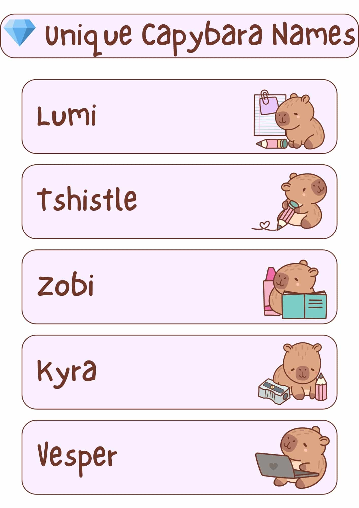 A light pink and white graphic displaying the title "Unique Capybara Names" at the top, along with a blue diamond icon. Underneath the title are five horizontal, light pink rectangles, each featuring a unique capybara name in a handwritten-style font and a small cartoon illustration of a capybara. From top to bottom, the names and illustrations are: "Lumi" with a capybara holding a pencil and notepad; "Tshistle" with a capybara holding a pencil with a heart; "Zobi" with a capybara holding an open book and bottles; "Kyra" with a capybara next to a pencil sharpener and pencils; and "Vesper" with a capybara using a laptop.