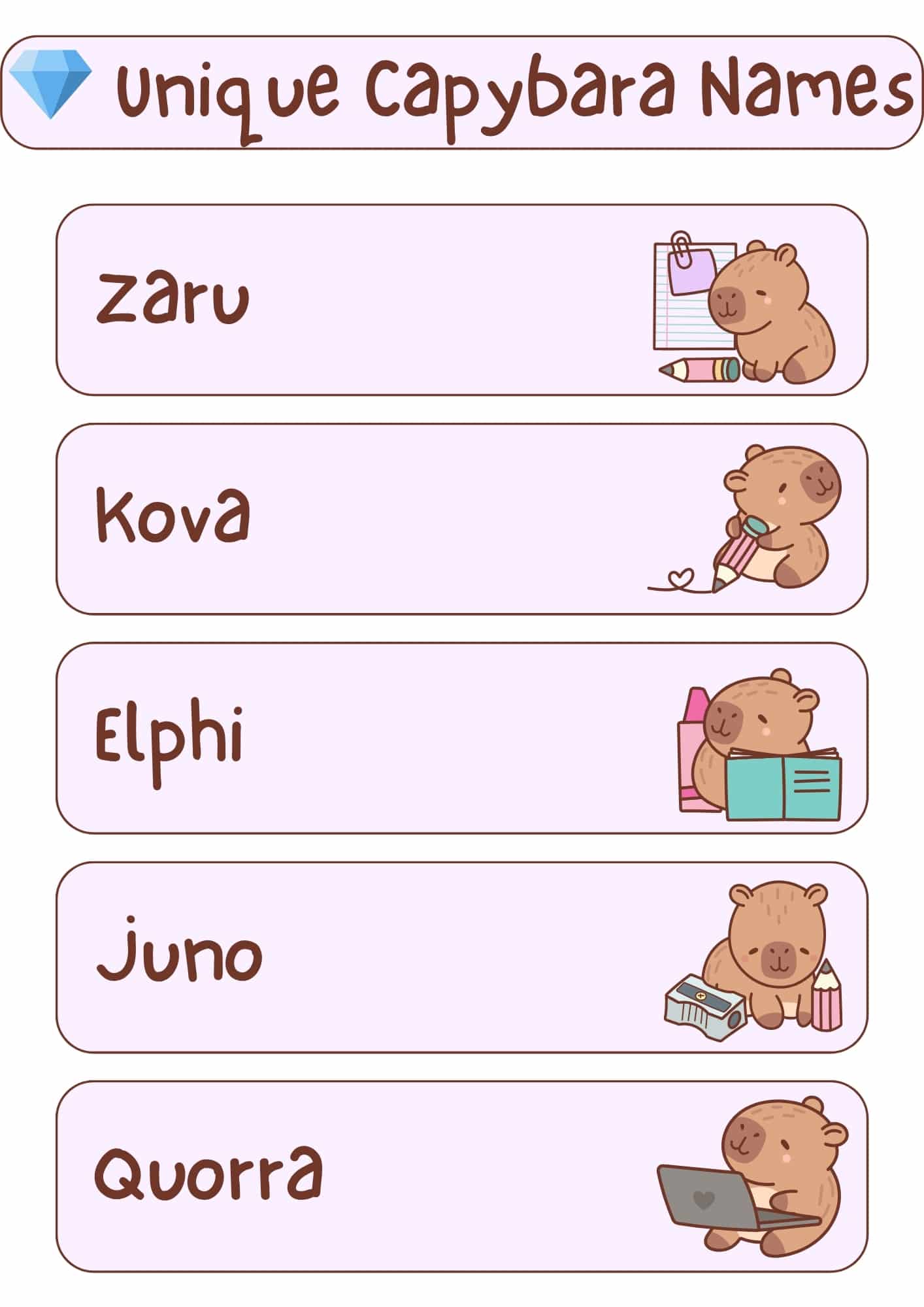 A light pink and white graphic with the title "Unique Capybara Names" at the top, accompanied by a blue diamond icon. Below the title are five horizontal, light pink rectangles, each containing a unique capybara name in a handwritten-style font and a small cartoon illustration of a capybara. From top to bottom, the names and illustrations are: "Zaru" with a capybara holding a pencil and notepad; "Kova" with a capybara holding a pencil with a heart; "Elphi" with a capybara holding an open book and bottles; "Juno" with a capybara next to a pencil sharpener and pencils; and "Quorra" with a capybara using a laptop.