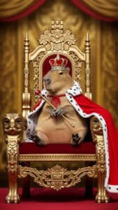 A regal 1440x2560 pixels capybara wallpaper, perfect for 4K iPhone or Android capybara wallpapers. The capybara is depicted as a king, seated on an ornate golden throne with a red velvet cushion. It wears a red and white ermine-trimmed robe and a golden crown, holding a scepter. The background is a rich red curtain, emphasizing its royal status.
