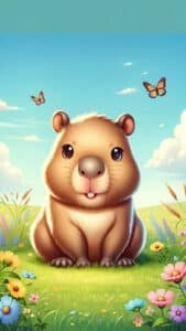 A delightful 1440x2560 pixel vertical wallpaper features a cute, cartoon-style capybara sitting in a vibrant field of colorful flowers. Two butterflies flutter in the clear blue sky above, adding to the cheerful and idyllic scene. This charming image is well-suited as a 4K capybara wallpaper for both iPhone and Android.