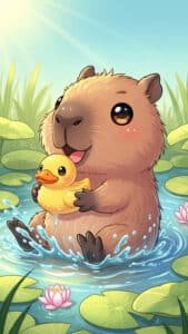 An adorable 1440x2560 pixels capybara wallpaper, perfect for 4K iPhone or Android capybara wallpapers. A cute, cartoon-style capybara with large, expressive eyes sits in a pond with lily pads and splashes of water. It happily clutches a yellow rubber duck, smiling in a sweet and endearing scene.