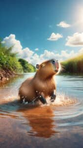 A dynamic 1440x2560 pixel vertical wallpaper shows a capybara playfully splashing in a river under a bright, partly cloudy sky. Water droplets are visible around the capybara, and lush green vegetation lines the riverbanks, suggesting a lively natural environment. This makes for an engaging 4K capybara wallpaper for iPhone and Android.