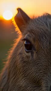 A close-up 1440x2560 pixel capybara wallpaper focusing on the side of a capybara's face, highlighting its dark, reflective eye. The golden glow of a setting sun is visible in the upper left background, casting a warm light on the capybara's fur and emphasizing its eyelashes. This intimate and artistic 4K capybara wallpaper provides a unique perspective for iPhone and Android capybara wallpapers.