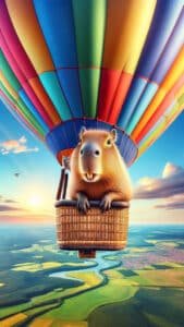 An adventurous 1440x2560 pixel vertical wallpaper features a happy capybara smiling from the basket of a colorful hot air balloon, soaring over a vast landscape of green fields and a winding river at sunset. The bright balloon fills the top of the frame, creating a sense of wonder. This makes for a captivating 4K capybara wallpaper for iPhone and Android.