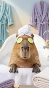 A humorous 1440x2560 pixel capybara wallpaper showing a capybara enjoying a relaxing spa day in a bathtub. The capybara has a white towel wrapped around its head and two cucumber slices over its eyes. Bubbles float around, and colorful bathrobes hang in the background, making this a delightful and unique 4K capybara wallpaper for iPhone and Android capybara wallpapers.