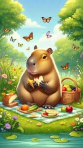 A vibrant 1440x2560 pixel vertical wallpaper features a cute, cartoon-style capybara enjoying a picnic in a sunny, green field with a checkered blanket. The capybara is holding a slice of fruit, and a picnic basket with apples and grapes, along with sandwiches and bread, are laid out. Butterflies flutter around in the bright blue sky. This image makes an adorable 4K capybara wallpaper for iPhone and Android devices.
