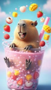 A playful 1440x2560 pixel capybara wallpaper featuring a smiling capybara with prominent front teeth, appearing to emerge from a large pink bubble tea drink. Various colorful fruits like strawberries, mangoes, and lychees, along with white tapioca pearls, float around the capybara within the drink. A pink straw is visible. This vibrant and fun 4K capybara wallpaper is perfect for iPhone and Android capybara wallpapers.