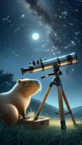 A serene 1440x2560 pixel vertical wallpaper shows a capybara looking up at a starry night sky with a full moon and visible constellations. Beside it is a large telescope on a wooden tripod, set up for stargazing on a grassy hill overlooking distant mountains. This dreamy image is an excellent 4K capybara wallpaper for iPhone and Android.