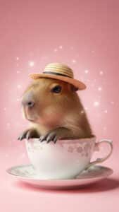 An enchanting 1440x2560 pixel capybara wallpaper featuring a tiny, adorable capybara wearing a miniature straw hat, peeking out of a white teacup with delicate floral patterns. The background is a soft, shimmery pink with sparkling light effects, creating a magical and cute 4K capybara wallpaper, perfect for iPhone and Android capybara wallpapers.