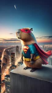 An epic 1440x2560 pixel vertical wallpaper features a capybara dressed as Superman, complete with a blue suit, red cape, and mask, standing heroically on a skyscraper rooftop overlooking a sprawling city illuminated at dusk. The cityscape lights twinkle below, conveying a sense of adventure. This makes a fun 4K capybara wallpaper for iPhone and Android.