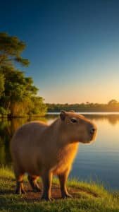 A beautiful 1440x2560 pixel capybara wallpaper featuring a capybara standing at the edge of a calm lake or river, illuminated by the warm golden light of a sunset. Lush green trees line the distant shore under a clear blue sky that transitions to orange and yellow near the horizon. The capybara's fur glows in the evening light, creating a stunning 4K capybara wallpaper, ideal for iPhone and Android capybara wallpapers.