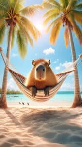 A relaxing 1440x2560 pixel vertical wallpaper shows a capybara lounging in a striped hammock tied between two palm trees on a sunny beach. The clear blue ocean stretches behind with a few birds on the sand, creating a perfect tropical escape. This high-quality image is ideal as a 4K capybara wallpaper for iPhone and Android users.