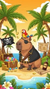 A vibrant 1440x2560 pixel capybara wallpaper depicting a cartoon capybara dressed as a pirate, complete with an eye patch and a black coat, sitting on a sandy beach. A colorful parrot perches on its head, and a pirate flag with a skull and crossbones is planted nearby. An open treasure chest filled with gold coins and colorful gems is to the left, and a bottle of rum with a treasure map is to the right. Palm trees frame the sunny, orange-hued sky above a calm blue ocean, making for an adorable 4K capybara wallpaper, perfect for iPhone and Android capybara wallpapers.