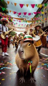 A festive 1440x2560 pixel vertical wallpaper depicts a capybara wearing a colorful striped hat and ribbons, standing on a street covered in confetti during a vibrant parade. Musicians with instruments like saxophones and drums are blurred in the background, under strings of colorful bunting. This unique image is perfect as a 4K capybara wallpaper for iPhone and Android.