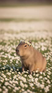 A charming 1440x2560 pixel capybara wallpaper featuring a baby capybara wearing a delicate crown of white daisies, sitting amidst a field of white and yellow wildflowers. The capybara has soft brown fur and is looking slightly to its left. The background is a soft, out-of-focus blend of green and white, creating a serene and cute 4K capybara wallpaper, ideal for iPhone and Android capybara wallpapers.