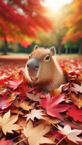 A cute 1440x2560 pixel vertical wallpaper shows a cheerful capybara peeking out from a pile of vibrant red, orange, and yellow autumn leaves. Its face is clear and smiling, with the warm colors of fall foliage extending into the background under a soft, sunny glow. This charming image makes a lovely 4K capybara wallpaper for iPhone and Android.