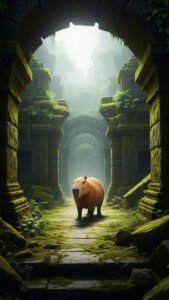 An intriguing 1440x2560 pixel capybara wallpaper showcasing a capybara standing on a moss-covered path within ancient, stone ruins. The ruins are overgrown with green moss and foliage, creating an ethereal and mysterious atmosphere. Arches recede into the misty background, making this a captivating and artistic 4K capybara wallpaper, suitable for iPhone and Android capybara wallpapers.