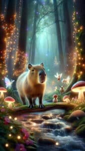A magical 1440x2560 pixel vertical wallpaper depicts a capybara standing on a log over a shimmering stream in an enchanted forest. The trees are adorned with glowing fairy lights, and whimsical elements like glowing mushrooms and small fantasy creatures (fairies, a tiny deer) are visible in the mystical blue-green light. This ethereal image is perfect as a 4K capybara wallpaper for iPhone and Android.