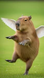 A whimsical 1440x2560 pixel capybara wallpaper showcasing a capybara with small, white angelic wings, appearing to be in motion or dancing on a vibrant green grassy field. The capybara's front paws are raised, giving it a playful and lighthearted appearance. This unique and cute 4K capybara wallpaper is a fun choice for iPhone and Android capybara wallpapers.
