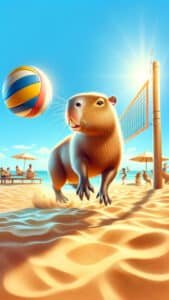 A dynamic 1440x2560 pixel vertical wallpaper shows a capybara mid-action on a sunny beach volleyball court, about to hit a colorful volleyball. A net and post are visible, with other people relaxing under umbrellas and playing in the background under a bright blue sky. This energetic image is a great 4K capybara wallpaper for iPhone and Android.