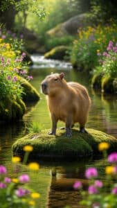 A serene 1440x2560 pixels capybara wallpaper, ideal for 4K iPhone or Android capybara wallpapers. A capybara stands on a moss-covered island in the middle of a clear stream. The water is surrounded by lush green foliage and vibrant purple and yellow wildflowers. The sun shines brightly, illuminating the peaceful natural scene.