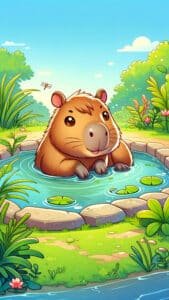 A vibrant 1440x2560 pixel vertical wallpaper features a cute, cartoon-style capybara sitting in a clear blue pond with lily pads. The background is a lush, green landscape with trees and plants under a bright blue sky with a few clouds and a small dragonfly. This image would make an adorable 4K capybara wallpaper for both iPhone and Android devices.