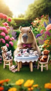 A delightful 1440x2560 pixel vertical wallpaper features a charming capybara wearing a pink bow tie, hosting a tea party with teddy bears in a lush, colorful garden. The capybara sits at a small table set with teacups and saucers, surrounded by vibrant flowers, creating a whimsical scene. This adorable image is ideal for a 4K capybara wallpaper on iPhone and Android.