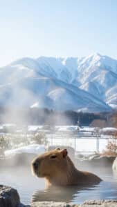 A tranquil 1440x2560 pixel capybara wallpaper featuring a capybara enjoying a warm bath in a steaming hot spring. Its head and upper body are visible above the water, with large, snow-capped mountains in the background under a clear blue sky. The steam rises around the capybara, creating a serene and picturesque 4K capybara wallpaper, ideal for iPhone and Android capybara wallpapers.