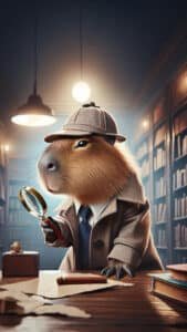 A whimsical 1440x2560 pixel vertical wallpaper shows a capybara dressed as a detective, complete with a trench coat and a deerstalker hat, holding a magnifying glass and examining clues on a wooden desk. The background is a dimly lit library with tall bookshelves filled with books, evoking a mysterious ambiance. This unique image is perfect as a 4K capybara wallpaper for iPhone and Android.