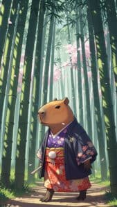 An artistic 1440x2560 pixel capybara wallpaper showcasing a capybara elegantly dressed in a traditional Japanese kimono, featuring purple and red patterns with floral designs. It stands on a path surrounded by tall green bamboo stalks, with soft pink cherry blossoms falling around. This culturally inspired and charming 4K capybara wallpaper is a delightful option for iPhone and Android capybara wallpapers.