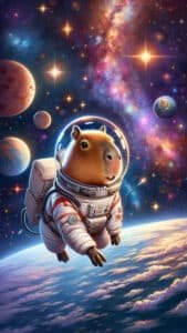A captivating 1440x2560 pixel vertical wallpaper showcases a capybara dressed in an astronaut suit with a clear helmet, floating in outer space above a swirling Earth. Planets and colorful nebulae fill the background, making for a fantastical and imaginative scene. This extraordinary image is perfect as a 4K capybara wallpaper for iPhone and Android.