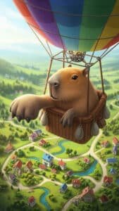 A vibrant 1440x2560 pixel capybara wallpaper depicting a large capybara peering out from the basket of a colorful rainbow hot air balloon, floating high above a picturesque green landscape. The scene below features charming small houses, winding rivers, and lush trees, giving a sense of peaceful exploration. This uplifting and unique 4K capybara wallpaper is perfect for iPhone and Android capybara wallpapers.