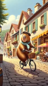A whimsical 1440x2560 pixel vertical wallpaper shows a capybara wearing a flat cap and a light blue scarf, riding a bicycle with a front basket down a cobblestone street in a charming European-style village. Colorful buildings with window boxes and outdoor cafes line the street, creating a cheerful and quaint atmosphere. This image is an adorable 4K capybara wallpaper for iPhone and Android.