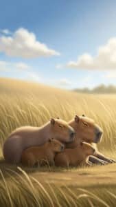 A charming 1440x2560 pixel capybara wallpaper depicting a family of four capybaras, two adults and two smaller ones, resting peacefully in a sun-drenched field of tall, golden-brown grass. They appear to be napping with their eyes closed, and the sky above is a clear blue with soft white clouds, making for a tranquil and cute 4K capybara wallpaper, perfect for iPhone and Android capybara wallpapers.