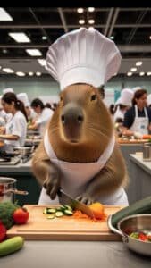A delightful 1440x2560 pixel vertical wallpaper features a capybara wearing a white chef's hat and apron, diligently chopping vegetables on a cutting board with a knife. In the background, other chefs are seen preparing food in what appears to be a busy kitchen or culinary class. This high-quality image is ideal as a 4K capybara wallpaper for both iPhone and Android devices.