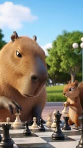 A whimsical 1440x2560 pixel capybara wallpaper showing a focused capybara playing a game of chess against a small, attentive squirrel in an outdoor park setting. The capybara has its paw on a white chess piece, contemplating its next move. The background features green trees and lampposts under a bright blue sky, making this an amusing and unique 4K capybara wallpaper, perfect for iPhone and Android capybara wallpapers.