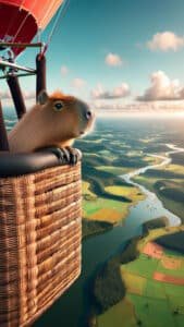 A breathtaking 1440x2560 pixel vertical wallpaper captures a capybara looking out from the basket of a hot air balloon, soaring high above a sprawling landscape. A winding river cuts through green fields and forests below, with the horizon visible under a bright, cloudy sky. This adventurous image is a great 4K capybara wallpaper for iPhone and Android.