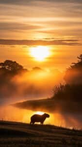 A breathtaking 1440x2560 pixel capybara wallpaper capturing the silhouette of a capybara standing on a grassy bank beside a misty river, bathed in the vibrant orange and yellow glow of a rising sun. The sun is a bright orb on the horizon, casting long shadows and illuminating the fog rising from the water and surrounding trees. This serene and atmospheric 4K capybara wallpaper is perfect for iPhone and Android capybara wallpapers.