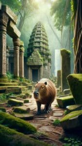 An intriguing 1440x2560 pixel vertical wallpaper features a capybara standing on moss-covered stone paths amidst ancient, overgrown ruins in a lush jungle. A tall stone temple and a waterfall are visible in the misty background, evoking a sense of discovery and history. This makes for a unique 4K capybara wallpaper for iPhone and Android.