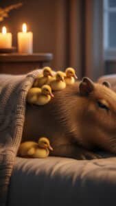A heartwarming 1440x2560 pixel capybara wallpaper featuring a cozy capybara lying under a knitted blanket, with five fluffy yellow ducklings resting on its back and one beside it. The scene is warmly lit by two glowing candles in the background, creating a comforting and adorable 4K capybara wallpaper, ideal for iPhone and Android capybara wallpapers.
