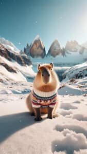 A charming 1440x2560 pixel vertical wallpaper features a capybara wearing a colorful knitted sweater, sitting in a snow-covered mountainous landscape. Majestic, rugged peaks rise in the background under a bright, clear sky, with soft snow drifts in the foreground. This makes for a cozy and picturesque 4K capybara wallpaper for iPhone and Android.