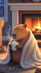A cozy 1440x2560 pixel capybara wallpaper featuring a capybara wrapped in a white blanket, holding a steaming mug of hot cocoa with marshmallows. It sits comfortably on a rug in front of a warm fireplace with glowing flames. The setting creates a feeling of warmth and relaxation, making this a charming and inviting 4K capybara wallpaper, ideal for iPhone and Android capybara wallpapers.